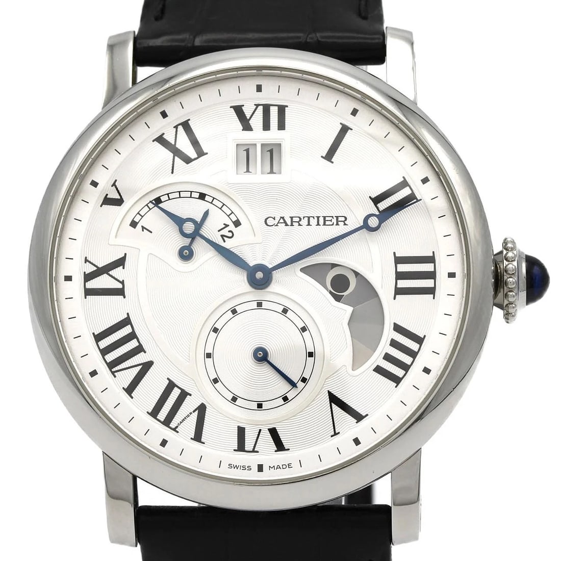 CARTIER ROTONDE DATE RETROGRADE WATCH: Cartier Rotonde Date Retrograde watch Brand: CARTIER Type/Style: Wrist watch Material: Case: Stainless Steel Bracelet: Strap Color: Dial Color: Silver/Roman Band Color: Black Size: Case diameter: Appr