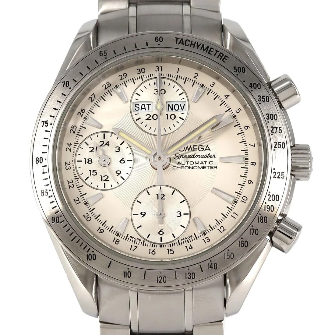 OMEGA SPEEDMASTER STAINLESS STEEL MECHANICAL WATCH: Omega Speedmaster Stainless Steel Mechanical watch Brand: OMEGA Type/Style: Wrist watch Material: Case: Stainless Steel Breath: Stainless Steel Color: Dial Color: Silver Size: Case diameter: Approx. 4
