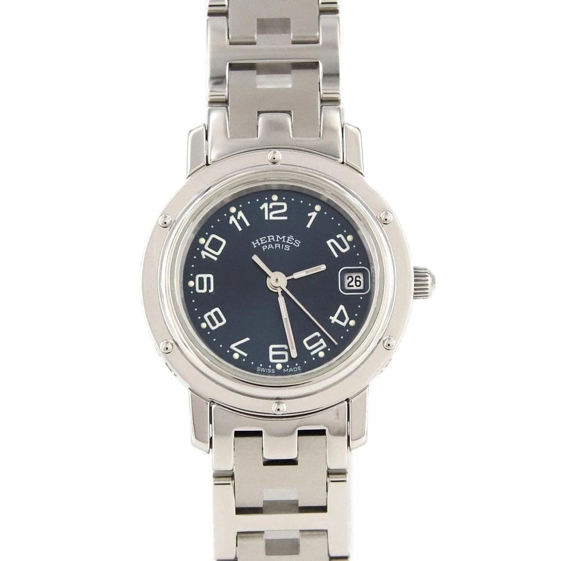 HERMES CLIPPER STAINLESS STEEL QUARTZ WATCH: Hermes Clipper Stainless Steel Quartz watch Brand: HERMES Type/Style: Wrist watch Material: Case: Stainless Steel Breath: Stainless Steel Color: Dial color: Blue/Arabic Size: Case diameter: Approx. 24