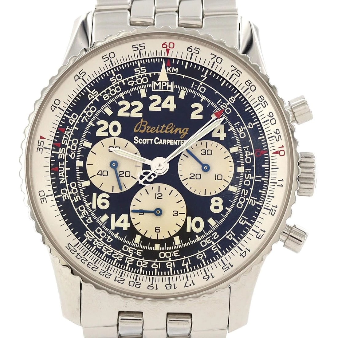 BREITLING COSMONAUT SCOTT CARPENTER WATCH: Breitling Cosmonaut Scott Carpenter watch Brand: BREITLING Type/Style: Wrist watch Material: Case: Stainless Steel Breath: Stainless Steel Color: Dial color: Black, Silver/Arabic Size: Case diameter