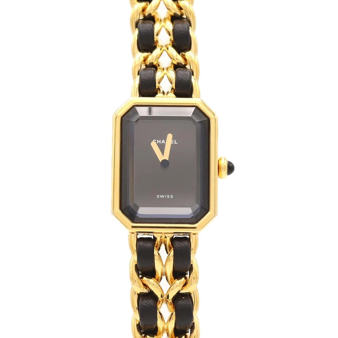 CHANEL PREMIERE GOLD PLATED WATCH: Chanel Premiere Gold Plated watch Brand: CHANEL Type/Style: Wrist watch Material: Case: Gold plated Bracelet: Gold plated x Strap Color: Dial Color: Black Band Color: Black Size: Case diameter: 20x26 