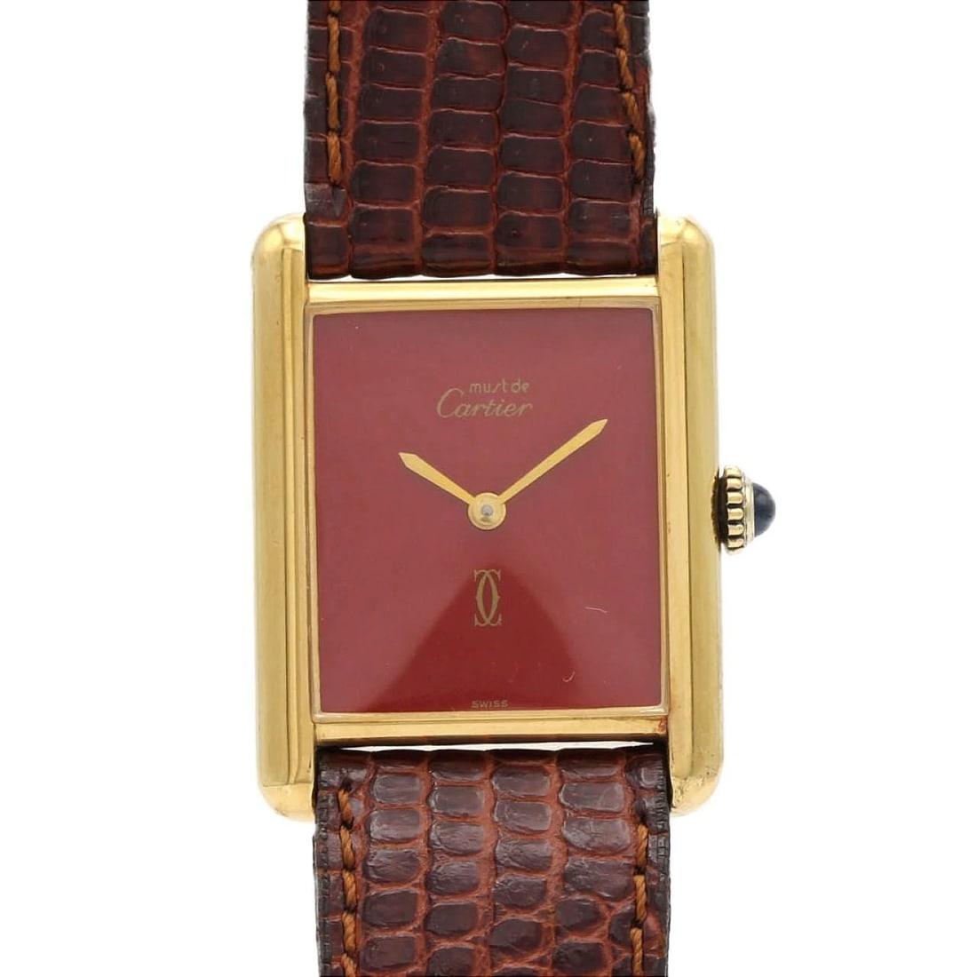 CARTIER MUST TANK GOLD PLATED WATCH: Cartier Must Tank Gold Plated watch Brand: CARTIER Type/Style: Wrist watch Material: Case: Gold plated Bracelet: Strap Color: Dial Color: Red Band Color: Red Size: Case diameter: approx. 23x30mm A