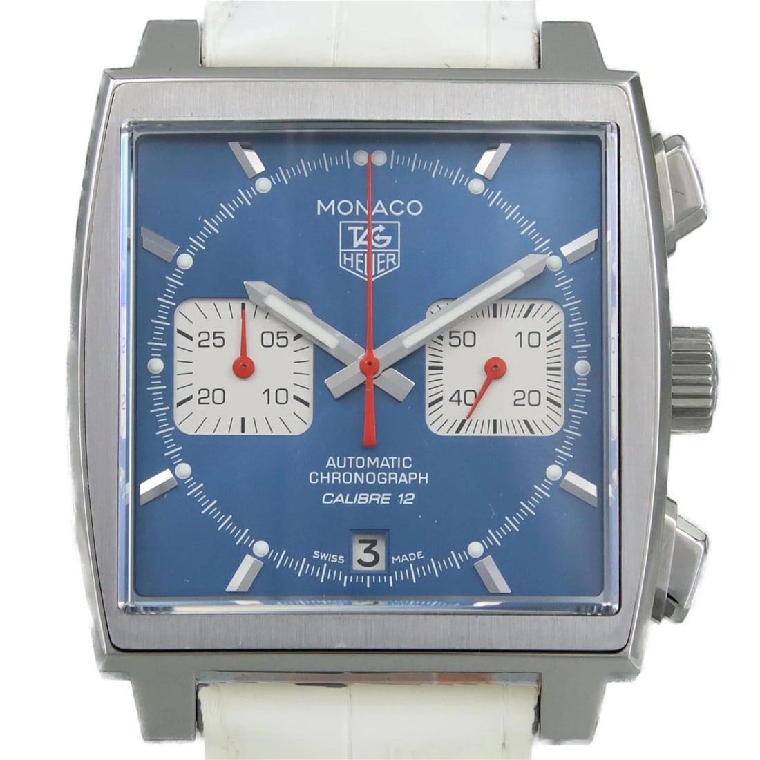 TAG HEUER CHRONOGRAPH WATCH: TAG Heuer Chronograph watch Brand: TAG Heuer Type/Style: Wrist watch Material: Case: Stainless Steel Bracelet: Strap Color: Dial color: Blue, Silver Band color: White Size: Case diameter: approx. 39 x