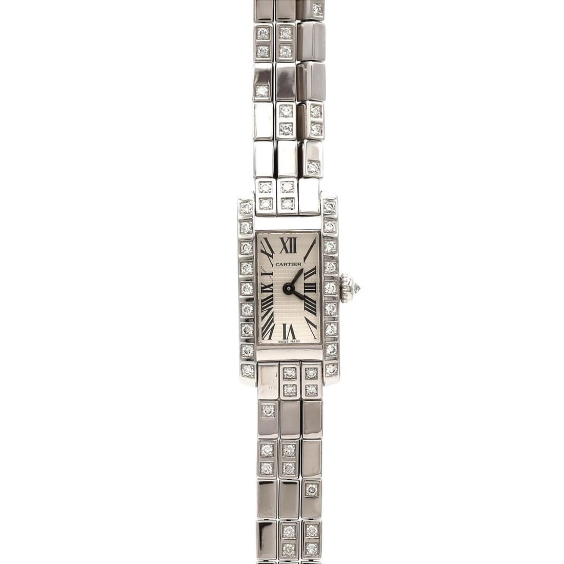CARTIER TANK ALLONGEE LANIERES WATCH: Cartier Tank Allongee Lanieres watch Brand: CARTIER Type/Style: Wrist watch Material: Case: White gold Bracelet: White gold Color: Dial color: Silver/Roman Size: Case diameter approx.: 14.5 x 20 mm mm