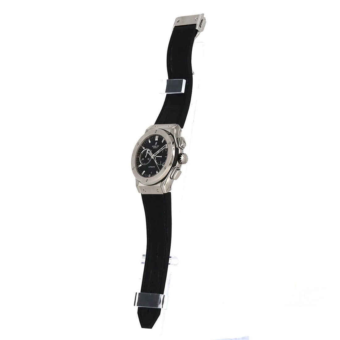 HUBLOT CLASSIC FUSION CHRONOGRAPH TITANIUM WATCH: Hublot Classic Fusion Chronograph Titanium watch Brand: HUBLOT Type/Style: Wrist watch Material: Case: Titanium Bracelet: Strap Color: Dial Color: Black Band Color: Black Size: Case diameter: Approx. 