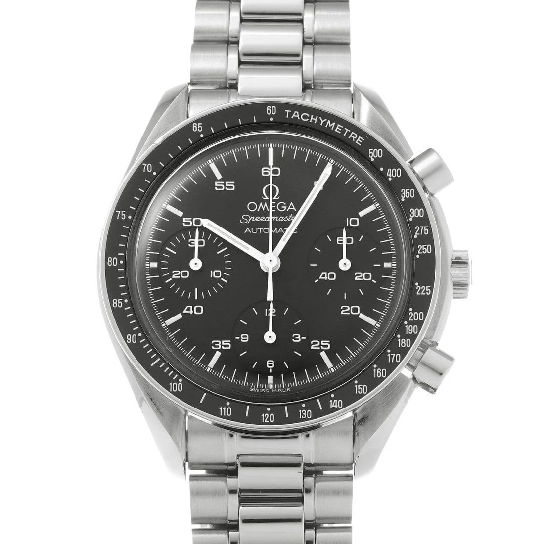 OMEGA SPEEDMASTER AUTOMATIC STAINLESS STEEL WATCH: OMEGA Speedmaster Automatic Stainless Steel watch Brand: OMEGA Type/Style: Wristwatch Material: Case Material Stainless Steel Color: Dial Color black Size: Case: Length/39mm Width/39mm Wrist Circumfer
