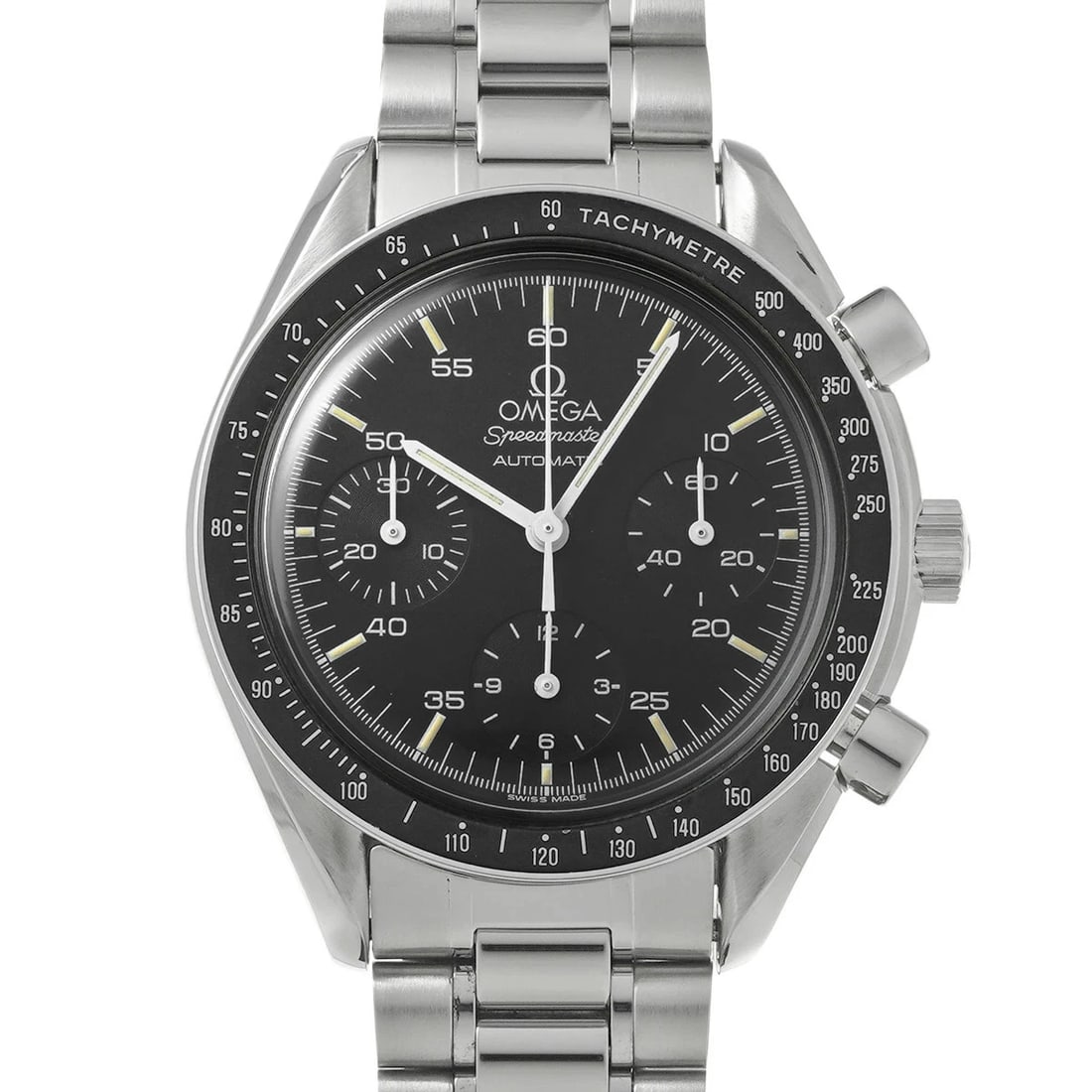 OMEGA SPEEDMASTER AUTOMATIC STAINLESS STEEL WATCH: OMEGA Speedmaster Automatic Stainless Steel watch Brand: OMEGA Type/Style: Wristwatch Material: Case Material Stainless Steel Color: Dial Color black Size: Case: Length/39mm Width/39mm Wrist Circumfer