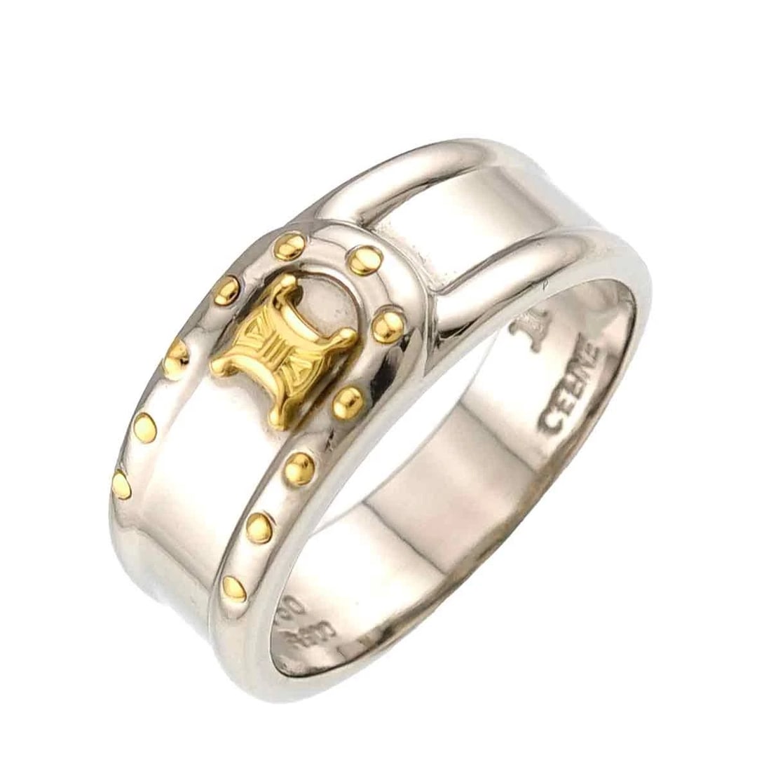 CELINE TRIOMPHE RING PT 18K YG 750: CELINE Triomphe Ring Pt 18K YG 750 Brand: CELINE Type/Style: Ring Material: Platinum 750 Yellow Gold Color: Yellow Gold Size: 6-6.25(US) Accessories: None Accessories Notice: When purchasing