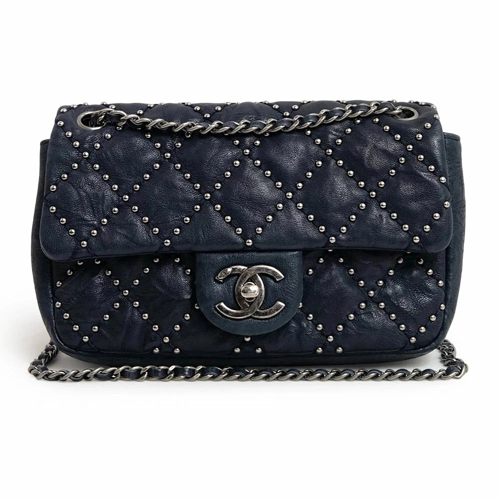 CHANEL MINI MATELASSE 20 STUDS SHOULDER BAG: CHANEL Mini Matelasse 20 Studs Shoulder Bag Brand: CHANEL Type/Style: Shoulder Bag Material: Lambskin (Sheepskin) Color: Navy Size: W:20cm x H:12cm x D:4.5cm Accessories: None Accessories Notice: