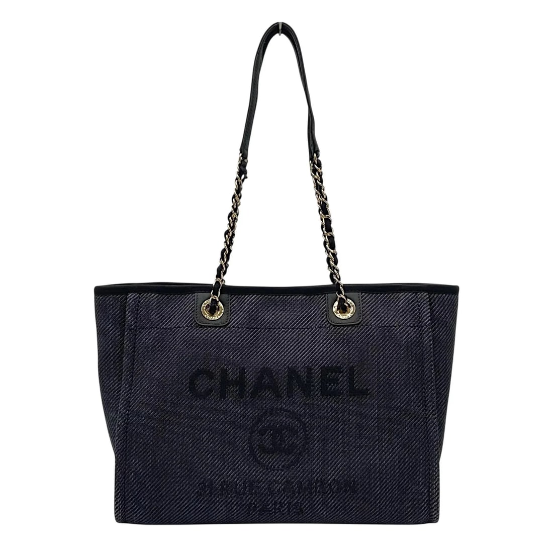 CHANEL DEAUVILLE CHAIN TOTE NAVY STRAW/LEATHER (1 of 6)