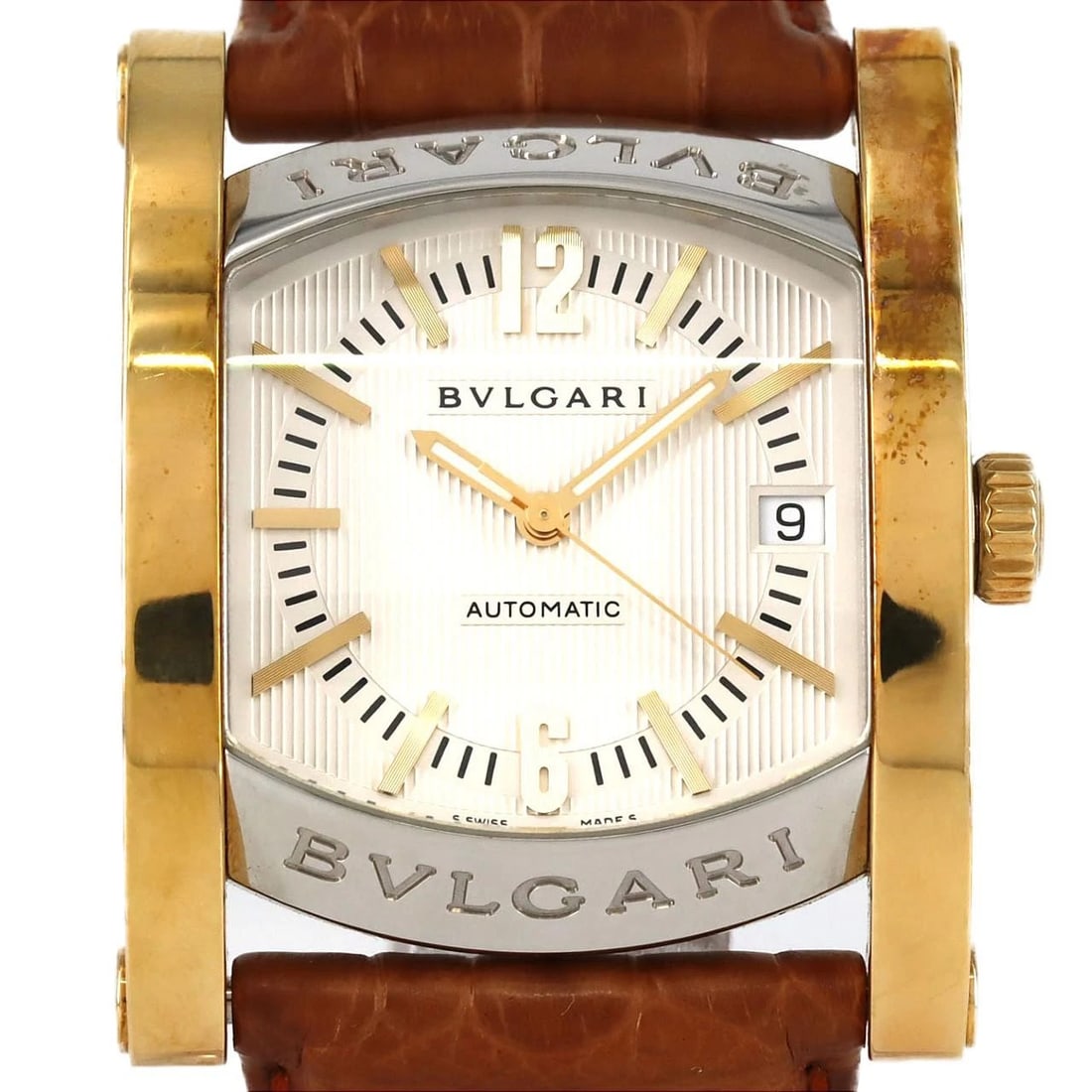 BULGARI ASSIOMA YG WATCH: Bulgari Assioma YG watch Brand: BVLGARI Type/Style: Wrist watch Material: Case: Stainless steel x yellow gold Bracelet: Strap Color: Dial Color: Silver Tapestry Band Color: Brown Size: Case diameter: 