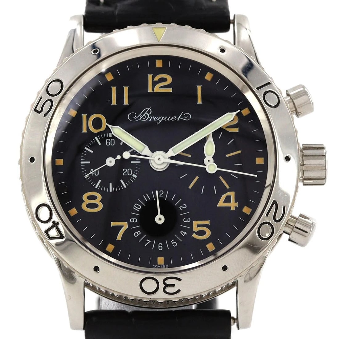 BREGUET AERONAVALE STAINLESS STEEL WATCH: Breguet Aeronavale Stainless Steel watch Brand: Breguet Type/Style: Wrist watch Material: Case: Stainless Steel Bracelet: Strap Color: Dial Color: Black/Arabic Band Color: Black Size: Case diameter: