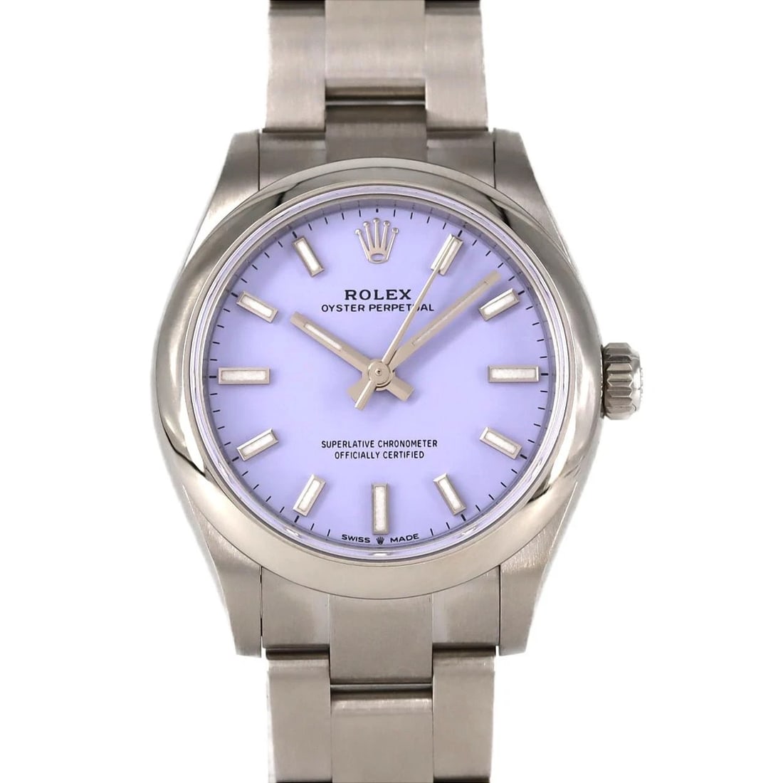 ROLEX OYSTER PERPETUAL STAINLESS STEEL WATCH: Rolex Oyster Perpetual Stainless Steel watch Brand: ROLEX Type/Style: Wrist watch Material: Case: Stainless Steel Breath: Stainless Steel Color: Dial color: Lavender Size: Case diameter: Approx. 31 mm