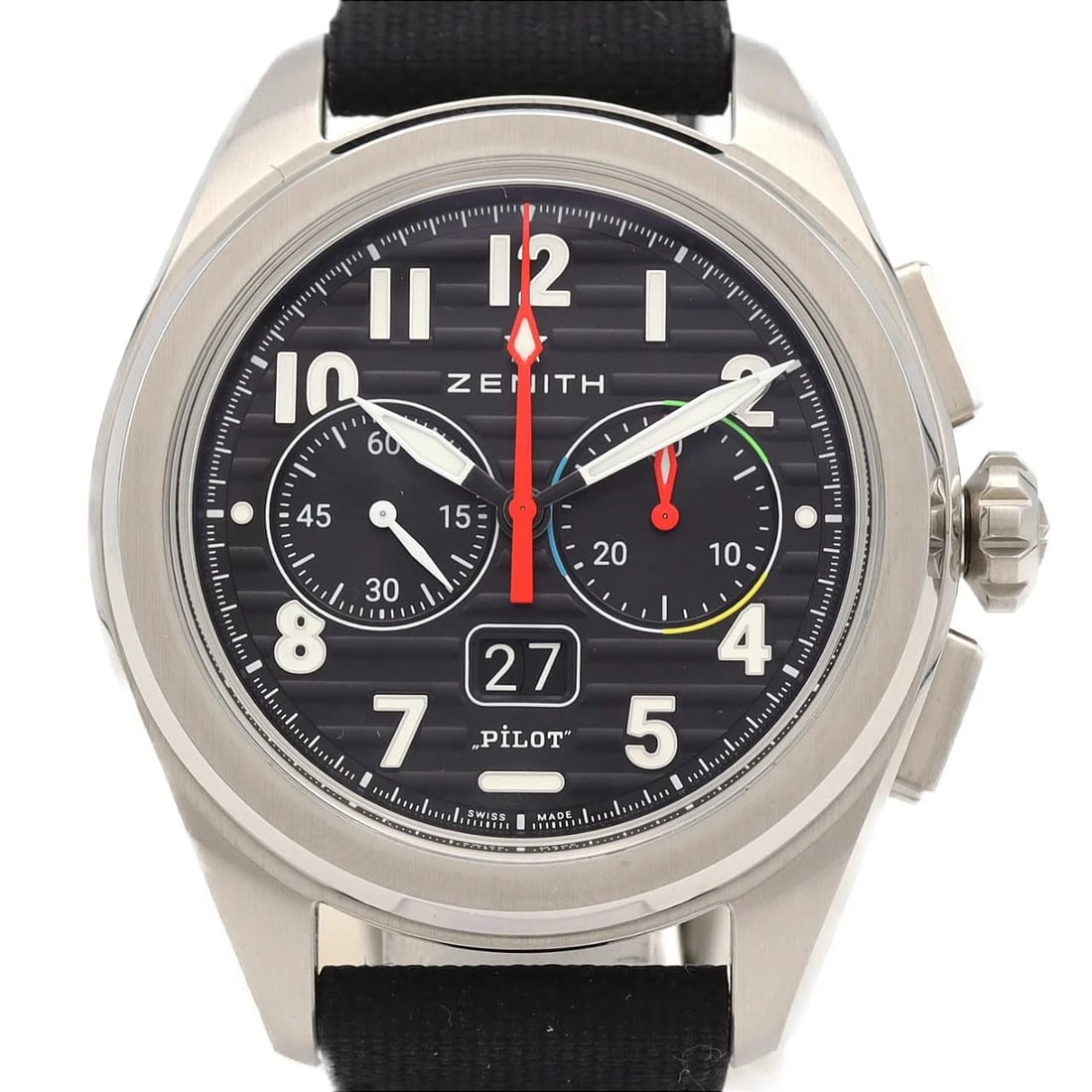 ZENITH PILOT BIG DATE FLYBACK STAINLESS STEEL WATCH: Zenith Pilot Big Date Flyback Stainless Steel watch Brand: ZENITH Type/Style: Wrist watch Material: Case: Stainless Steel Bracelet: Strap Color: Dial Color: Black/Arabic Band Color: Black Size: Case d