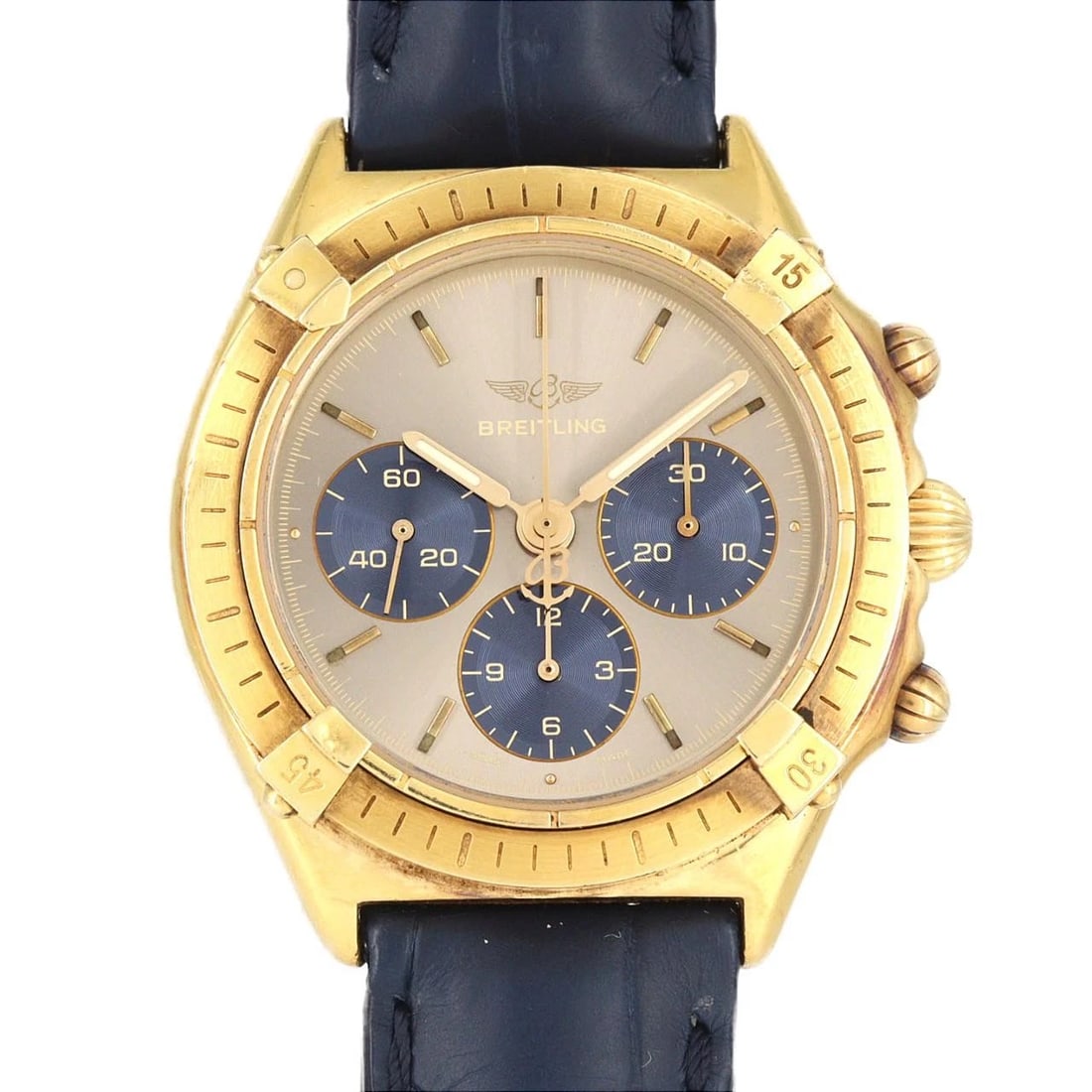 BREITLING CALLISTO YG WATCH: Breitling Callisto YG watch Brand: BREITLING Type/Style: Wrist watch Material: Case: Yellow gold Bracelet: Strap Color: Dial color: Gray/Blue Band color: Blue Size: Case diameter: Approx. 36mm Acc