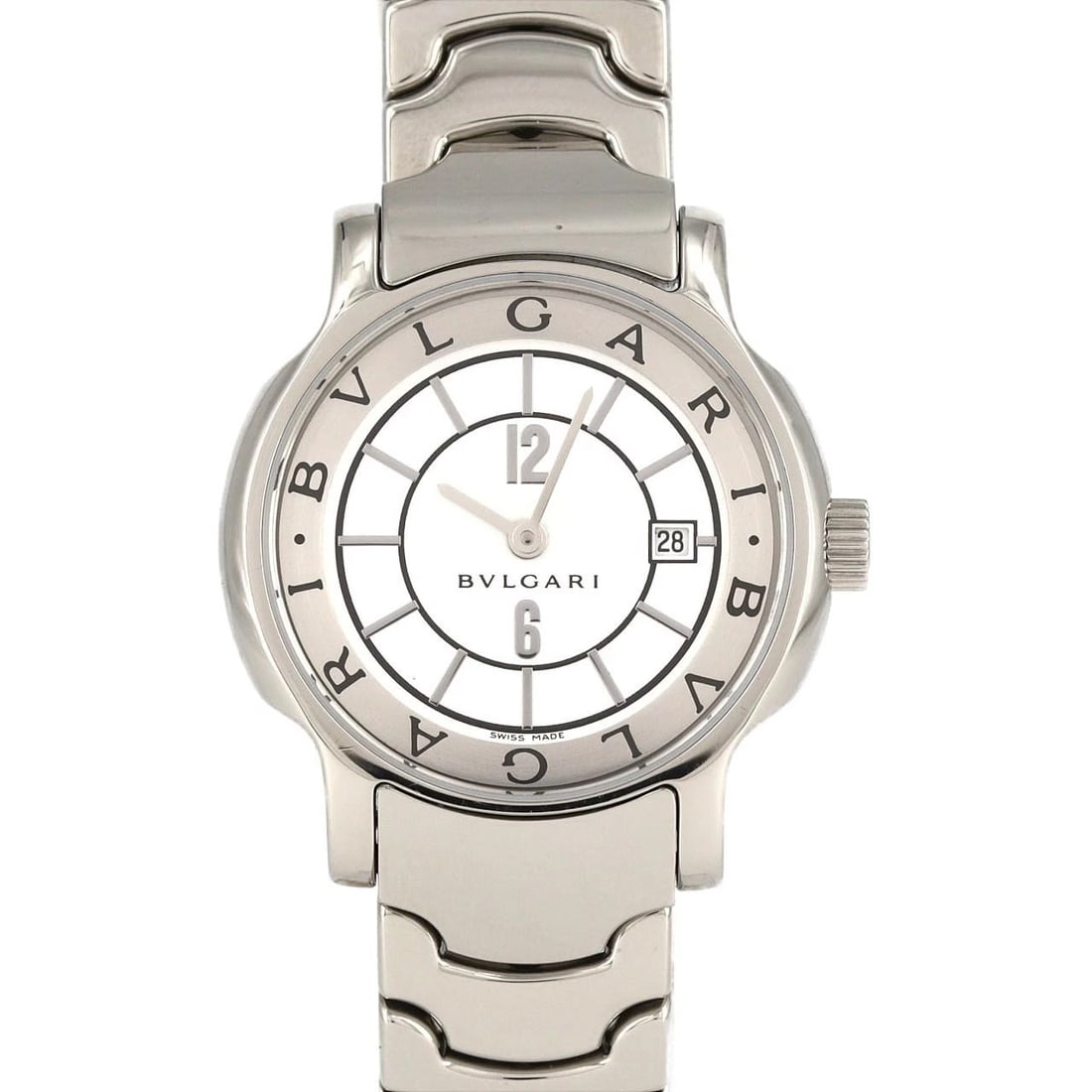 BVLGARI SOLOTEMPO STAINLESS STEEL QUARTZ WATCH: Bvlgari Solotempo Stainless Steel Quartz watch Brand: BVLGARI Type/Style: Wrist watch Material: Case: Stainless Steel Breath: Stainless Steel Color: Dial Color: White Size: Case diameter: Approx. 29 m