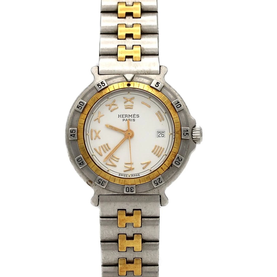 HERMES CAPTAIN COMBINATION SSXGP WATCH: Hermes Captain Combination SSxGP watch Brand: HERMES Type/Style: Wrist watch Material: Case: Stainless steel x gold plated Bracelet: Stainless steel x gold plated Color: Dial color: White/Roman Size: 