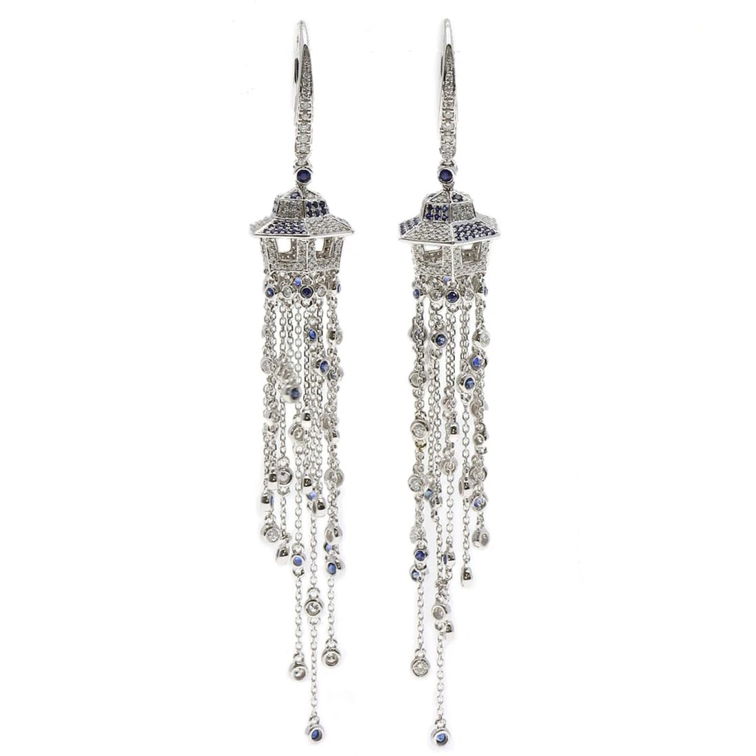 SAPPHIRE DIAMOND EARRING K18 WHITE GOLD: Sapphire Diamond earring K18 White Gold Brand: SELECT JEWELRY Type/Style: earring Material: K18 White Gold Main Stone Natural Color: Silver Size: Top Size:2.9inch/72.7x12.5x12.5mm Length:3.5inch/8.9cm