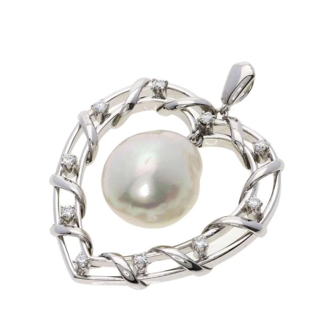 MIKIMOTO PENDANT TOP K14 WHITE GOLD: MIKIMOTO Pendant top K14 White Gold Brand: MIKIMOTO Type/Style: Pendant top Material: K14 White Gold Color: Silver Size: Top Size:1.5inch/37.2x29x10.9mm Accessories: None Accessories Notice: When