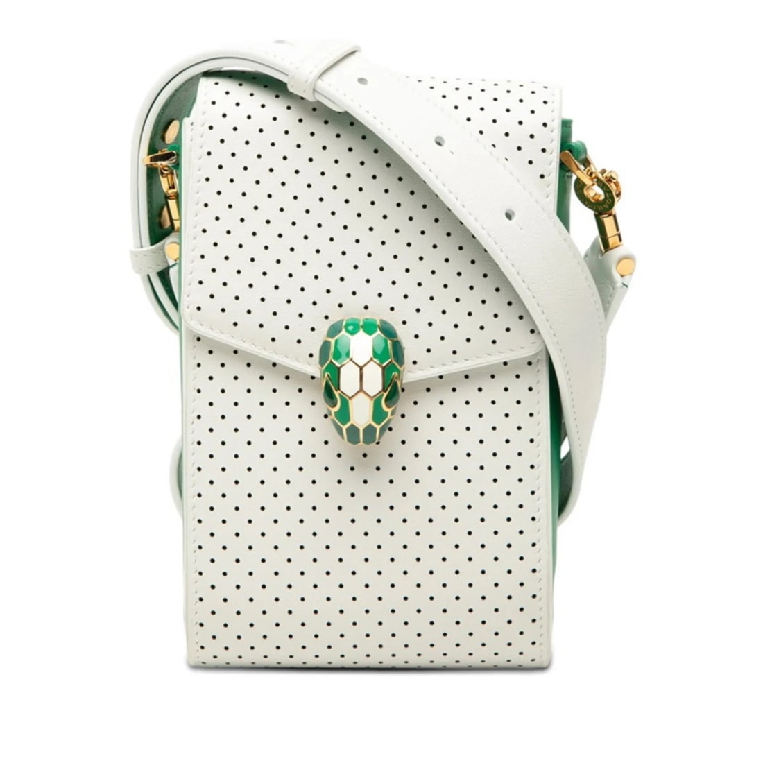 BVLGARI X CASABLANCA SERPENTI PERFORATED SHOULDER BAG: BVLGARI x Casablanca Serpenti Perforated Shoulder Bag Brand: Bvlgari Type/Style: Shoulder bag Material: Leather Color: Green, White Size: 18cm x 11cm x 4.5cm / 7.08'' x 4.33'' x 1.77'' Accessories:
