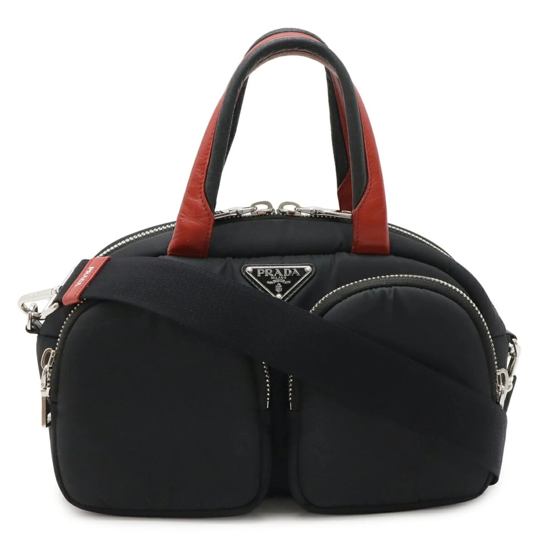 PRADA TRIANGLE HANDBAG MINI BOSTON SHOULDER BAG NYLON: PRADA Triangle Handbag Mini Boston Shoulder Bag Nylon Brand: Prada Type/Style: Handbag, Shoulder bag Material: Nylon , Leather Color: Black, Fuoco, Nero, Red color Size: 17.5cm x 29cm x 11cm / 6.88''