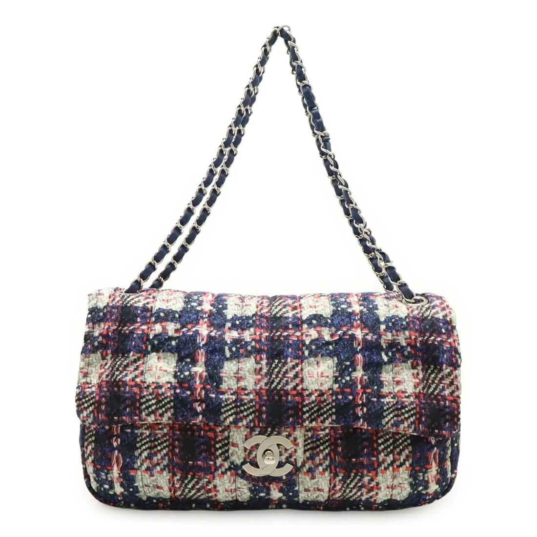 CHANEL TWEED PRINT COCO MARK CHAIN SHOULDER BAG: CHANEL Tweed Print Coco Mark Chain Shoulder Bag Brand: Chanel Type/Style: Handbag, Shoulder bag Material: Nylon , Leather Color: Light gray, Navy, Pink Size: 17cm x 30cm x 6cm / 6.69'' x 11.81'' x