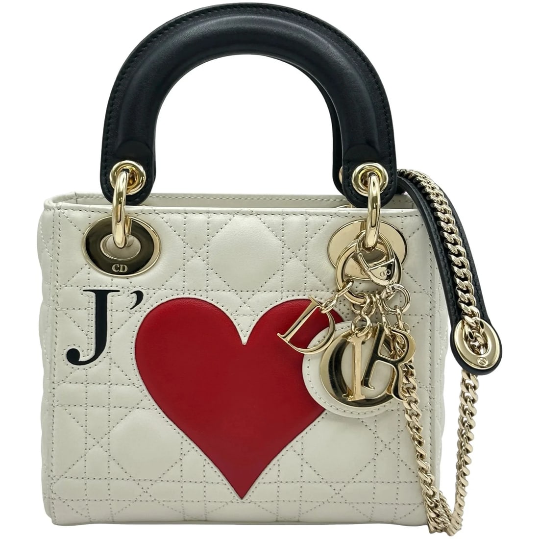 CHRISTIAN DIOR LADY DIOR MINI AMOUR WHITE/BLACK LAMBSKIN: Christian Dior Lady Dior Mini Amour White/Black Lambskin Brand: Christian Dior Type/Style: Handbag Material: Lambskin Color: White/Black / GD Hardware Size: W: 17cm / H: 15cm / D: 7.5cm Accessories: