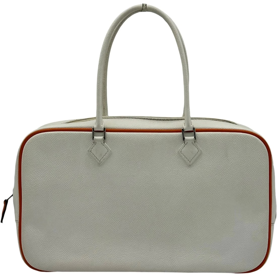 HERMES PLUME WHITE/ORANGE EPSOM: HERMES Plume White/Orange Epsom Brand: HERMES Type/Style: Handbag Material: Epson Color: White/Orange / SV Hardware Size: W: 27.5cm / H: 16cm / D: 6cm Accessories: None Accessories Notice: When