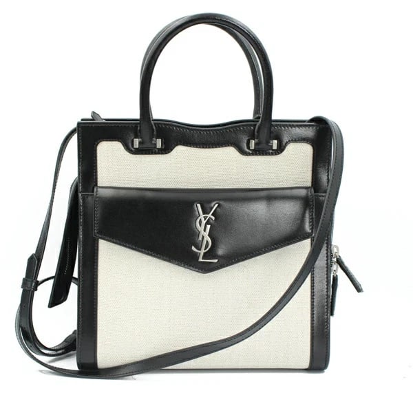 SAINT LAURENT UPTOWN SMALL BAG CANVAS/LEATHER BLACK: Saint Laurent Uptown Small Bag Canvas/Leather Black Brand: Saint Laurent Type/Style: Handbag Material: Canvas/Leather Color: White Size: W:23cm ? H:23.5cm ? D:11cm Accessories: None Accessories