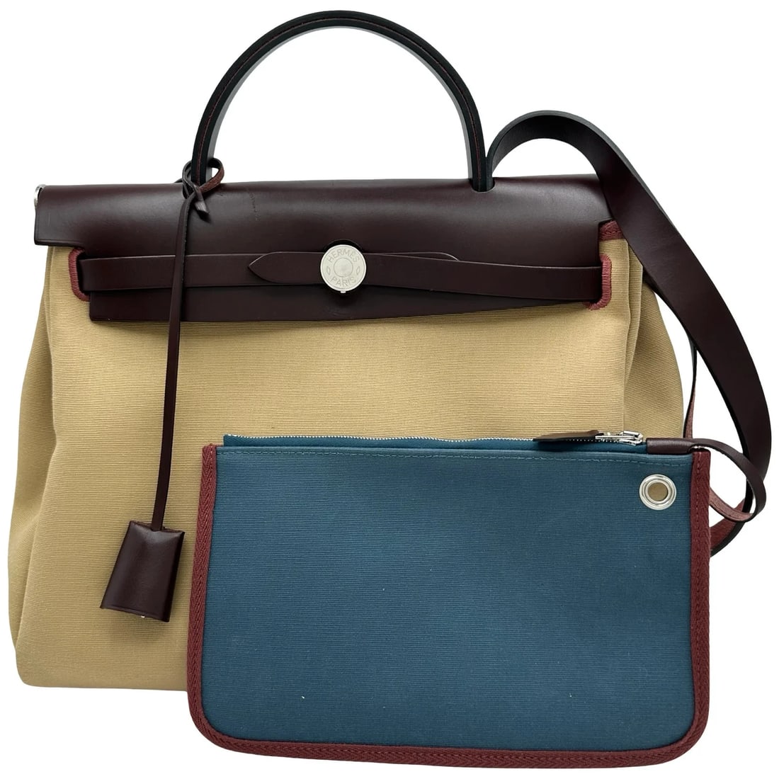 HERMES HERBAG TRENCH/BLUE TEMPETE/ROUGE: HERMES Herbag Trench/Blue Tempete/Rouge Brand: HERMES Type/Style: Handbag Material: Vash Hunter/Toile Color: Trench coat / Blue Tone / Rouge Sellier / SV Hardware Size: W: 30cm / H: 25cm / D: 10cm