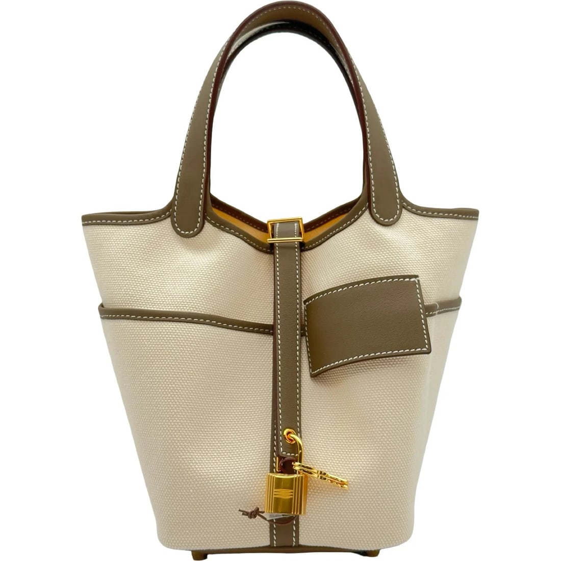 HERMES PICOTIN CARGO W ECRU/ETOUPE TOILE: HERMES Picotin Cargo W Ecru/Etoupe Toile Brand: HERMES Type/Style: Handbag Material: Toile/Swift Color: Ecru/Etoupe / GD Hardware Size: W: 13cm / H: 18cm / D: 18cm Accessories: None Accessories