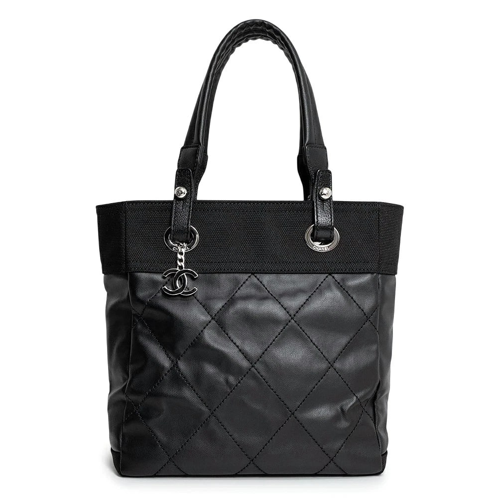 CHANEL PARIS BIARRITZ PM TOTE COCO MARK BLACK HANDBAG: CHANEL Paris Biarritz PM Tote Coco Mark Black Handbag Brand: CHANEL Type/Style: Handbag Material: Coated Canvas / Calfskin (Cowhide) Color: Black Size: W: 26cm x H: 27cm x D: 11cm Accessories: None