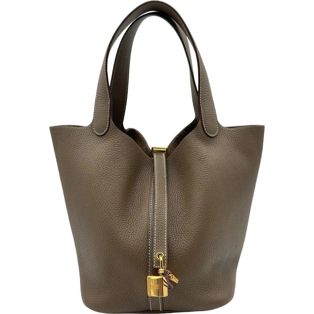 HERMES PICOTIN LOCK MM Z ETOUPE: HERMES Picotin Lock MM Z Etoupe Brand: HERMES Type/Style: Handbag Material: Taurillon Clemence Color: Etoupe / GD Hardware Size: W: 17cm / H: 22cm / D: 22cm Accessories: None Accessories Notice: When