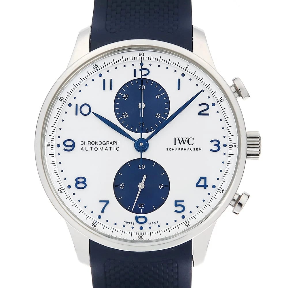 IWC PORTUGUESE CHRONOGRAPH STAINLESS STEEL WATCH: IWC Portuguese Chronograph Stainless Steel watch Brand: IWC Type/Style: Wrist watch Material: Band Material rubber, Case Material Stainless Steel Color: Dial Color White Size: Case:W41mm Accessories:
