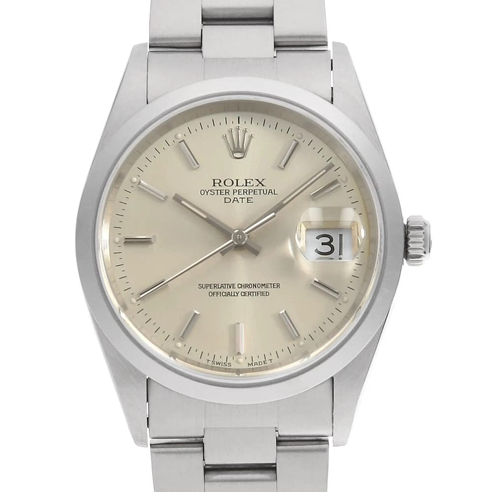 ROLEX OYSTER PERPETUAL DATE SILVER WATCH: ROLEX Oyster Perpetual Date Silver watch Brand: ROLEX Type/Style: Wrist watch Material: Band Material Stainless Steel, Case Material Stainless Steel Color: Dial Color Silver Size: Case:W34mm Circumfer