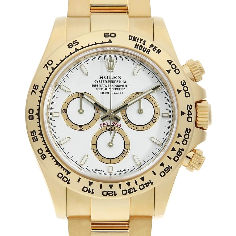 ROLEX COSMOGRAPH DAYTONA WHITE WATCH: ROLEX Cosmograph Daytona white watch Brand: ROLEX Type/Style: Wrist watch Material: Band Material Yellow Gold, Case Material Yellow Gold Color: Dial Color White Size: Case:W40mm Circumference of Wrist
