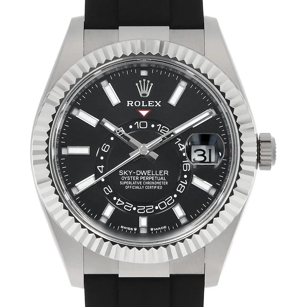 ROLEX SKY-DWELLER BLACK WATCH: ROLEX SKY-DWELLER black watch Brand: ROLEX Type/Style: Wrist watch Material: Band Material rubber, Case Material White Gold Color: Dial Color Black Size: Case:W42mm Circumference of Wrist:18.5cm A