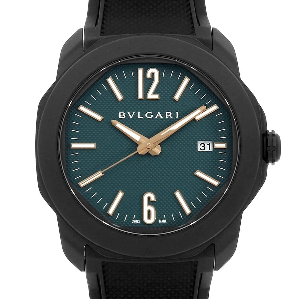 BVLGARI OCTOMA STAINLESS STEEL WATCH: BVLGARI Octoma Stainless Steel watch Brand: BVLGARI Type/Style: Wrist watch Material: Band Material rubber, Case Material Stainless Steel(DLC coating) Color: Dial Color Green Size: Case:W41mm Acce