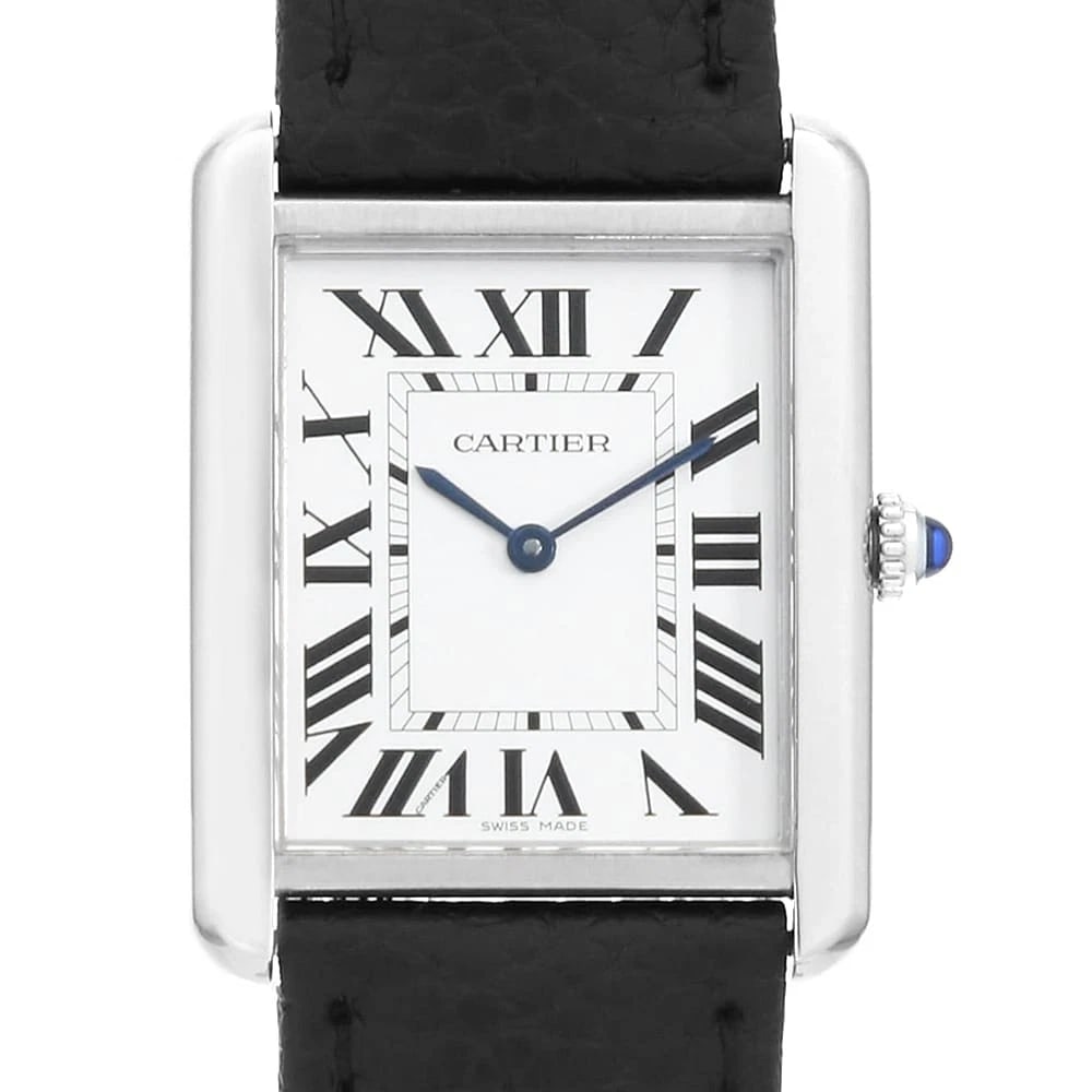 CARTIER TANK SOLO STAINLESS STEEL WATCH: Cartier Tank solo Stainless Steel watch Brand: Cartier Type/Style: Wrist watch Material: Band Material Calfskin, Case Material Stainless Steel Color: Dial Color Silver Size: Case:W34.8mm x H27.4mm