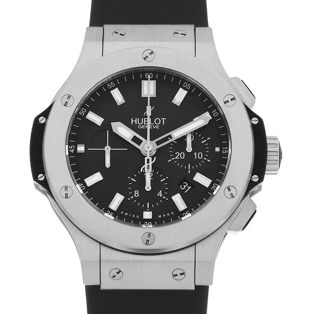 HUBLOT BIG BANG STEEL WATCH: HUBLOT Big bang steel watch Brand: HUBLOT Type/Style: Wrist watch Material: Band Material rubber, Case Material Stainless Steel Color: Dial Color Black Size: Case:W44mm Accessories: None A