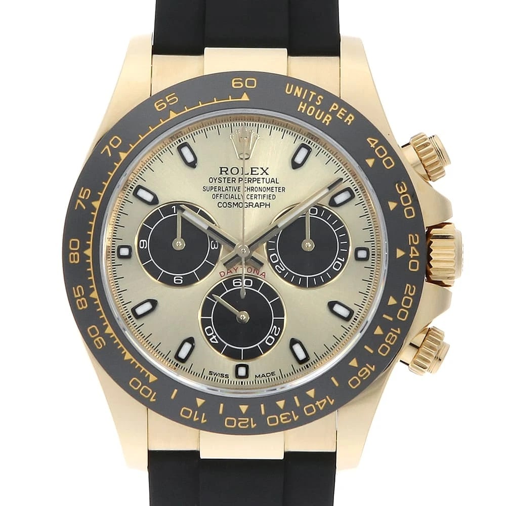 ROLEX COSMOGRAPH DAYTONA CHAMPAGNE X BLACK WATCH: ROLEX Cosmograph Daytona Champagne x black watch Brand: ROLEX Type/Style: Wrist watch Material: Band Material rubber, Case Material Yellow Gold Color: Dial Color Champagne and Black Size: Case:W40mm C