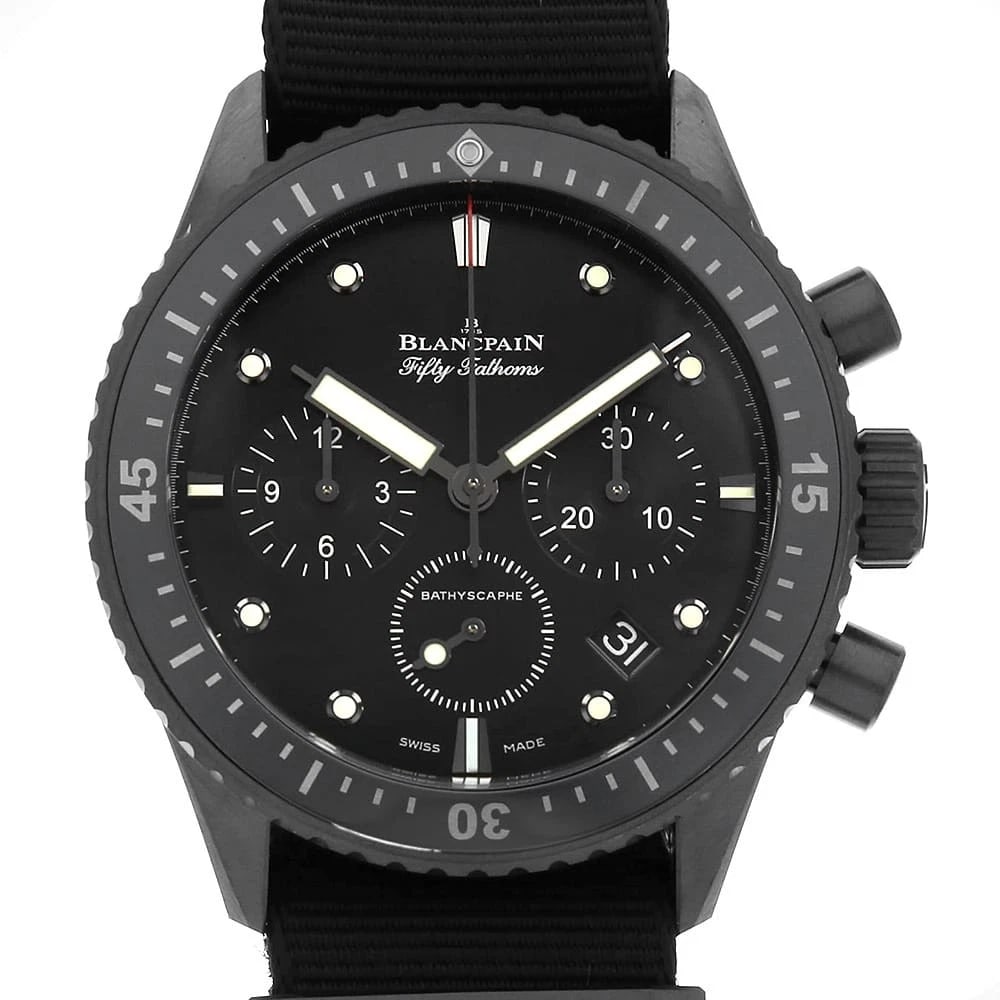 BLANCPAIN FATHOMS BATHYSCAPHE CHRONOGRAPH WATCH: BLANCPAIN Fathoms Bathyscaphe Chronograph watch Brand: BLANCPAIN Type/Style: Wrist watch Material: Band Material nato belt, Case Material Ceramic Color: Dial Color Black Size: Case:W43.6mm Accesso