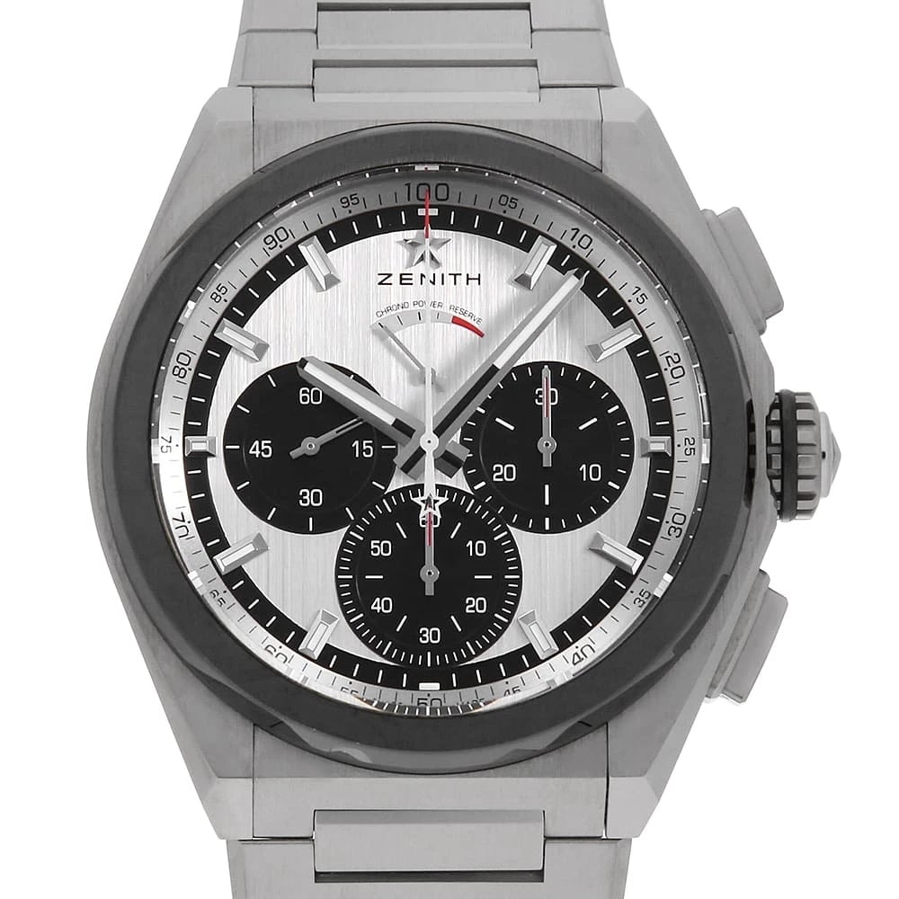 ZENITH DEFY EL PRIMERO TITANIUM WATCH: ZENITH Defy El Primero Titanium watch Brand: ZENITH Type/Style: Wrist watch Material: Band Material Titanium, Case Material Titanium Color: Dial Color Silver and Black Size: Case:W44mm Circumference o