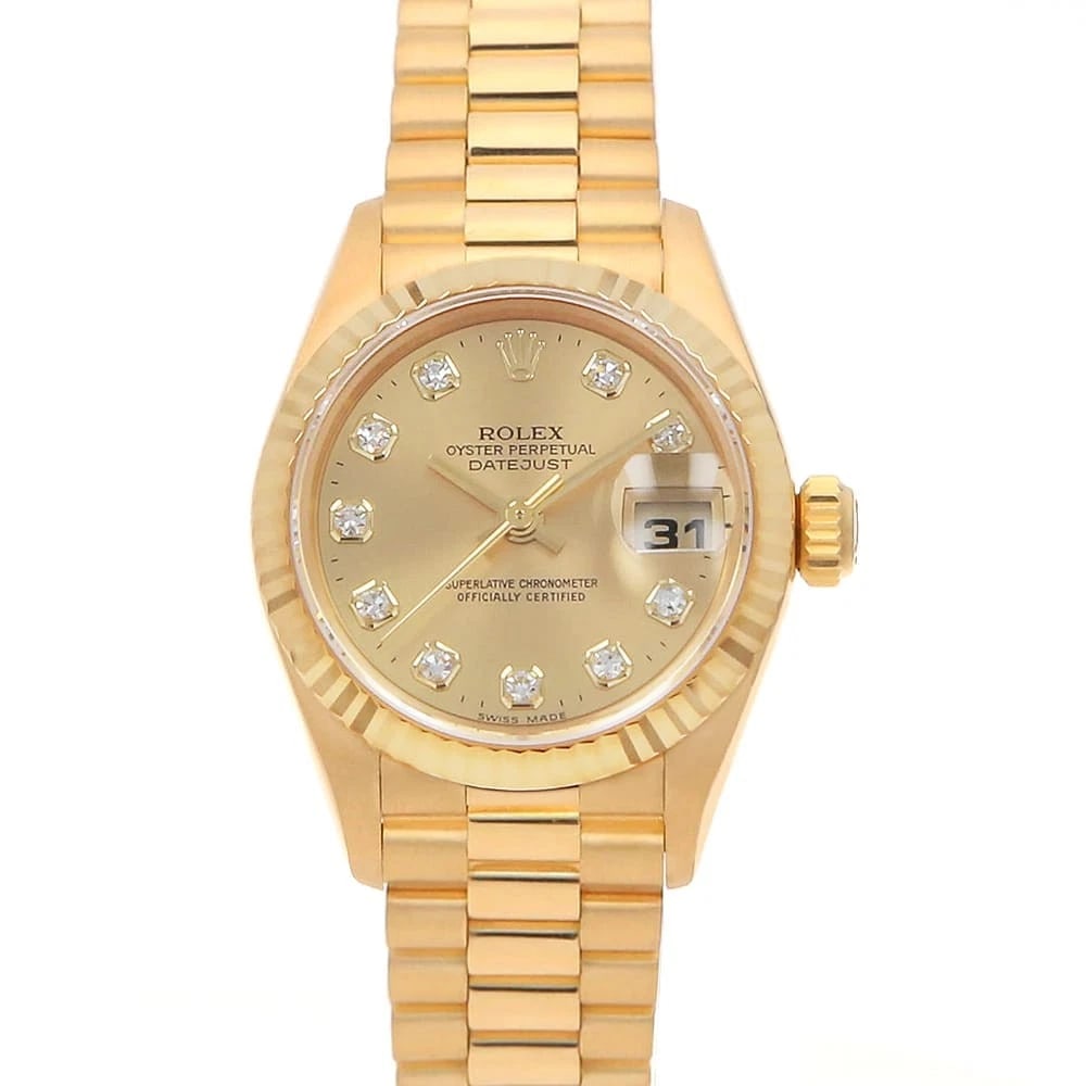 ROLEX DATEJUST DIAMOND CHAMPAGNE WATCH: ROLEX Datejust Diamond Champagne watch Brand: ROLEX Type/Style: Wrist watch Material: Band Material Yellow Gold, Case Material Yellow Gold Color: Dial Color Champagne Gold Size: Case:W26mm Circumferen