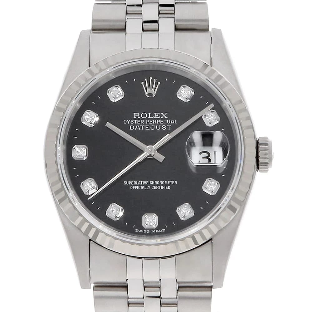 ROLEX DATEJUST DIAMOND BLACK WATCH: ROLEX Datejust Diamond black watch Brand: ROLEX Type/Style: Wrist watch Material: Band Material Stainless Steel, Case Material Stainless Steel/White gold Color: Dial Color Black Size: Case:W36mm Circu
