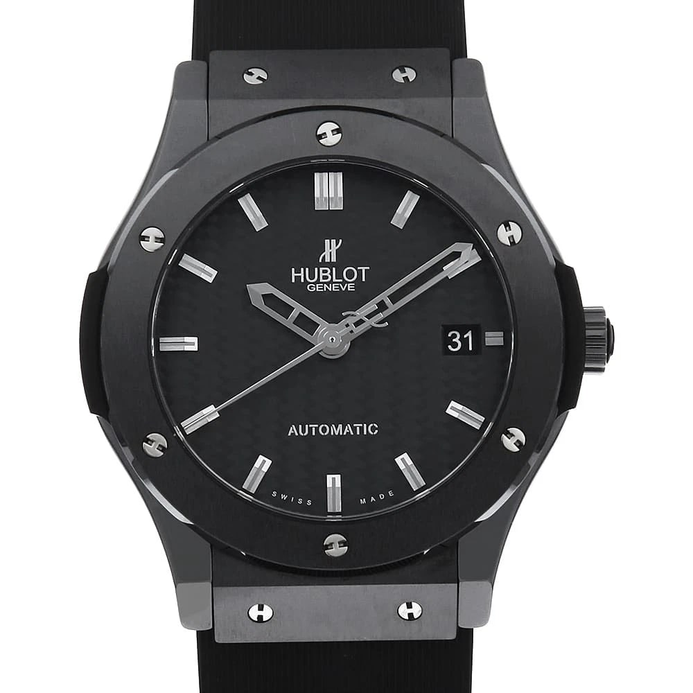 HUBLOT CLASSIC FUSION BLACK WATCH: HUBLOT Classic fusion black watch Brand: HUBLOT Type/Style: Wrist watch Material: Band Material rubber, Case Material none Color: Dial Color Black Size: Case:W45mm Accessories: None Access