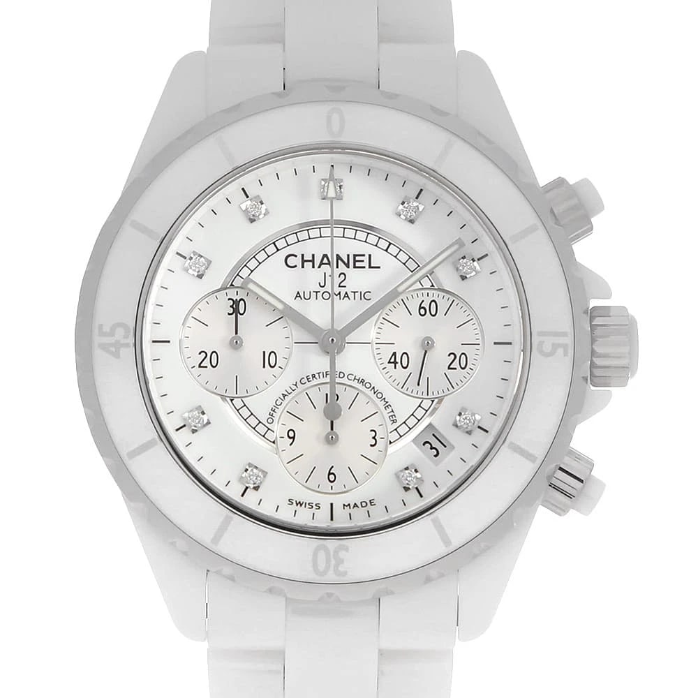 CHANEL J12 CHRONOGRAPH DIAMOND WATCH: CHANEL J12 Chronograph Diamond watch Brand: CHANEL Type/Style: Wrist watch Material: Band Material Ceramic, Case Material Ceramic Color: Dial Color White Size: Case:W41mm Circumference of Wrist:20cm