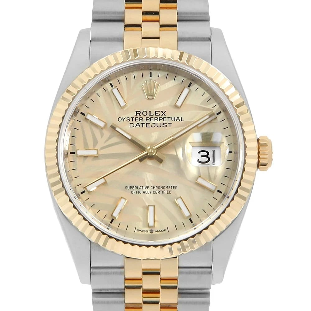 ROLEX DATEJUST GOLDEN PALM MOTIF WATCH: ROLEX DATEJUST Golden Palm motif watch Brand: ROLEX Type/Style: Wrist watch Material: Band Material Stainless Steel/Yellow Gold, Case Material Stainless Steel/Yellow Gold Color: Dial Color Golden Size