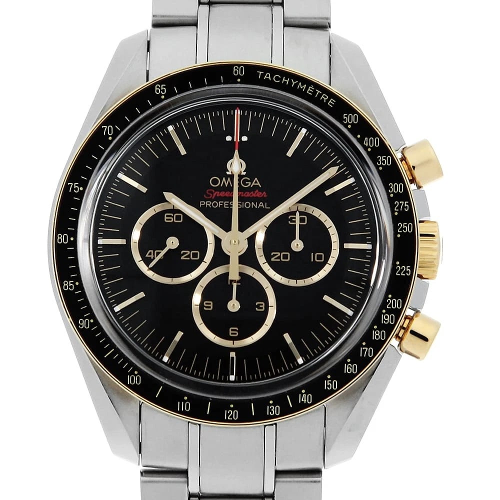 OMEGA SPEEDMASTER STAINLESS STEEL WATCH: OMEGA Speedmaster Stainless Steel watch Brand: OMEGA Type/Style: Wrist watch Material: Band Material Stainless Steel, Case Material Stainless Steel/Yellow Gold Color: Dial Color Black Size: Case:W42mm