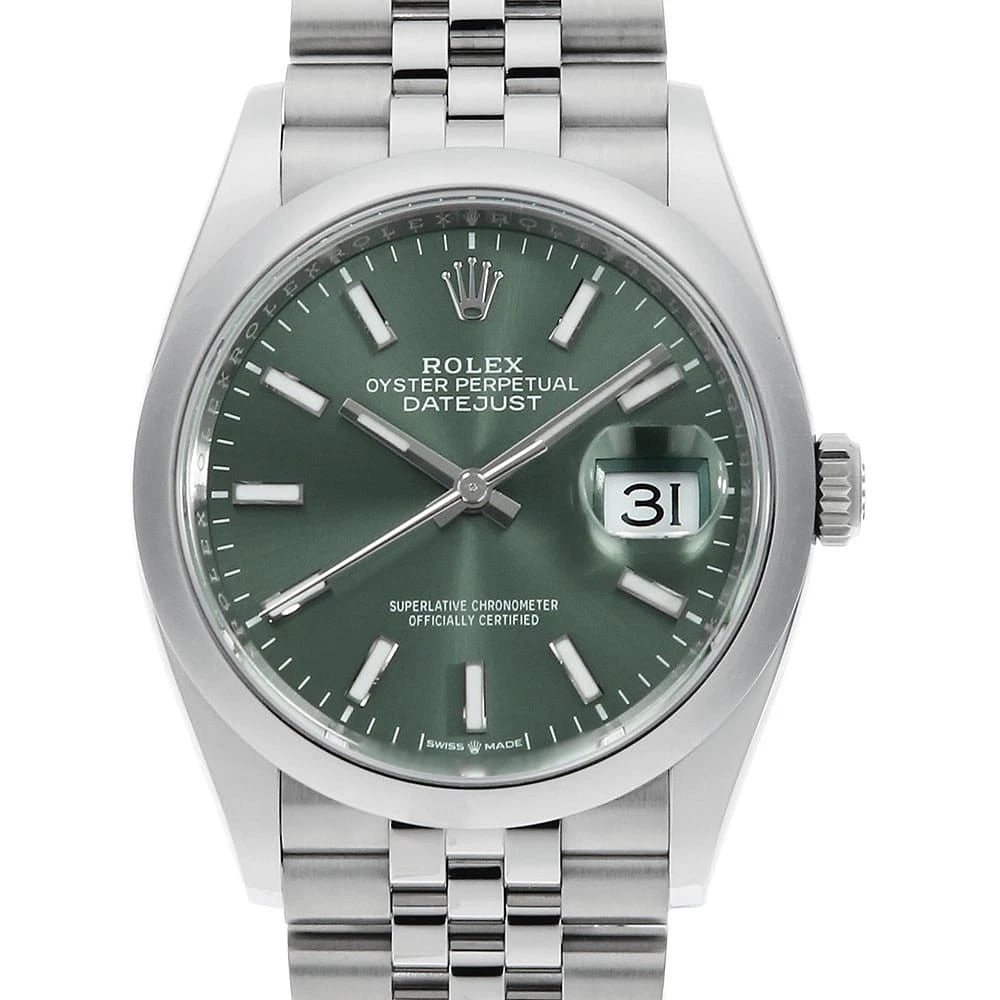 ROLEX DATEJUST MINT GREEN STAINLESS STEEL WATCH: ROLEX DATEJUST Mint green Stainless Steel watch Brand: ROLEX Type/Style: Wrist watch Material: Band Material Stainless Steel, Case Material Stainless Steel Color: Dial Color Mint Green Size: Case:W36m